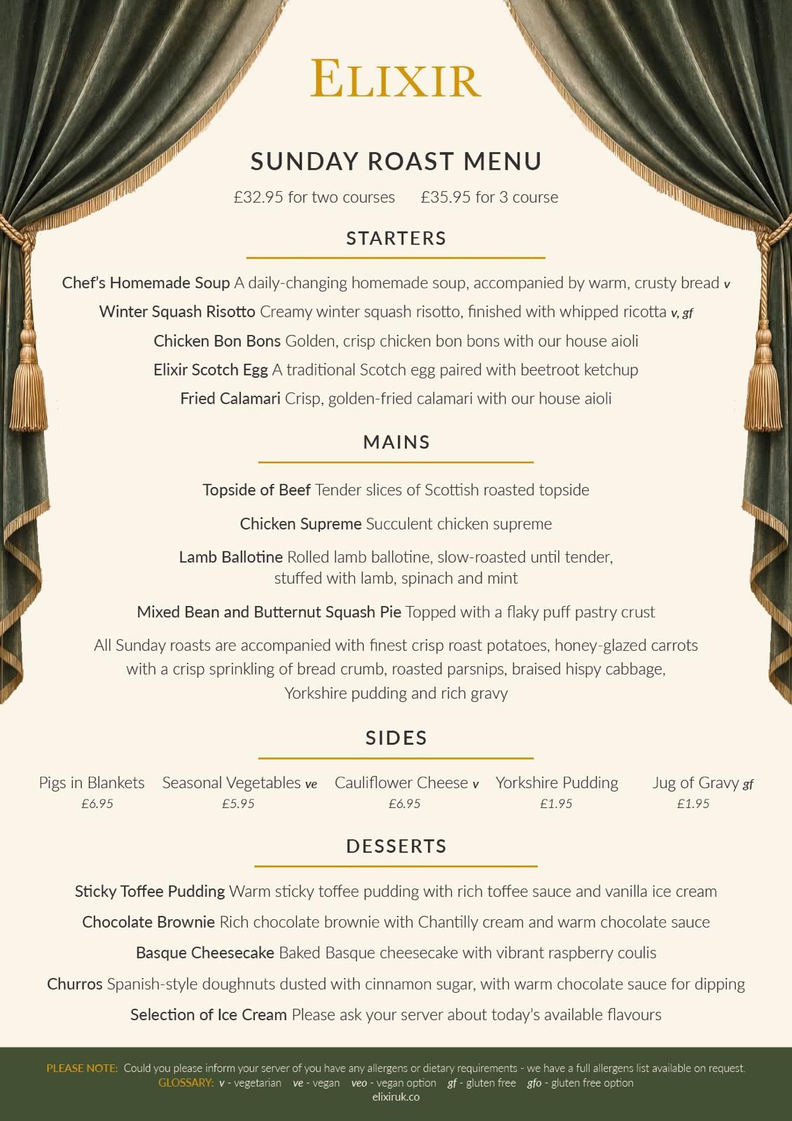 Elixir Liverpool Sunday roast menu, two courses 32.95, three courses 35.95